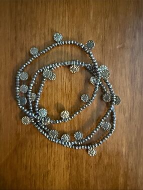 Silver Tone Beaded Coin Charm Bracelet Set of 3 Stretch Stacking Edgy Rocker